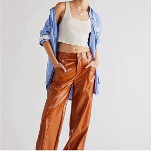 Free People Star‎ Crossed Lovers Leather Pants Size 10 Brown Straight Leg Vegan
